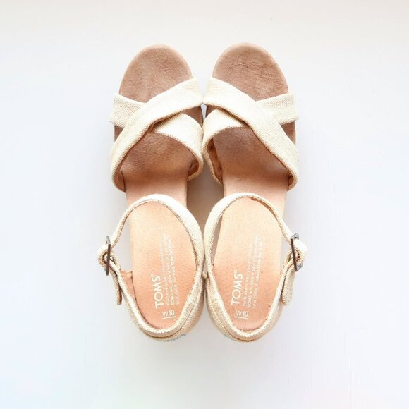 Toms Beige Canvas Ankle Strap Cork Platform Wedge Heel Sandals / Summer Shoes - Picture 4 of 16